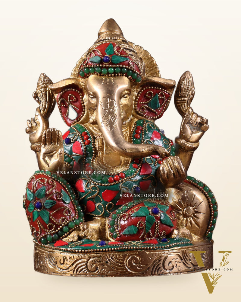 Pure Brass Relaxing Lord Ganesha Statue with Meenakari Stonework 6.5"