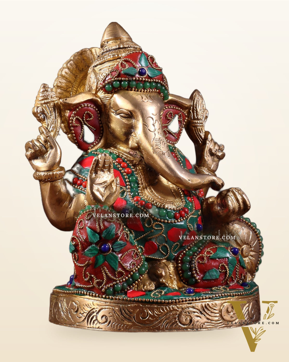 Pure Brass Relaxing Lord Ganesha Statue with Meenakari Stonework 6.5"