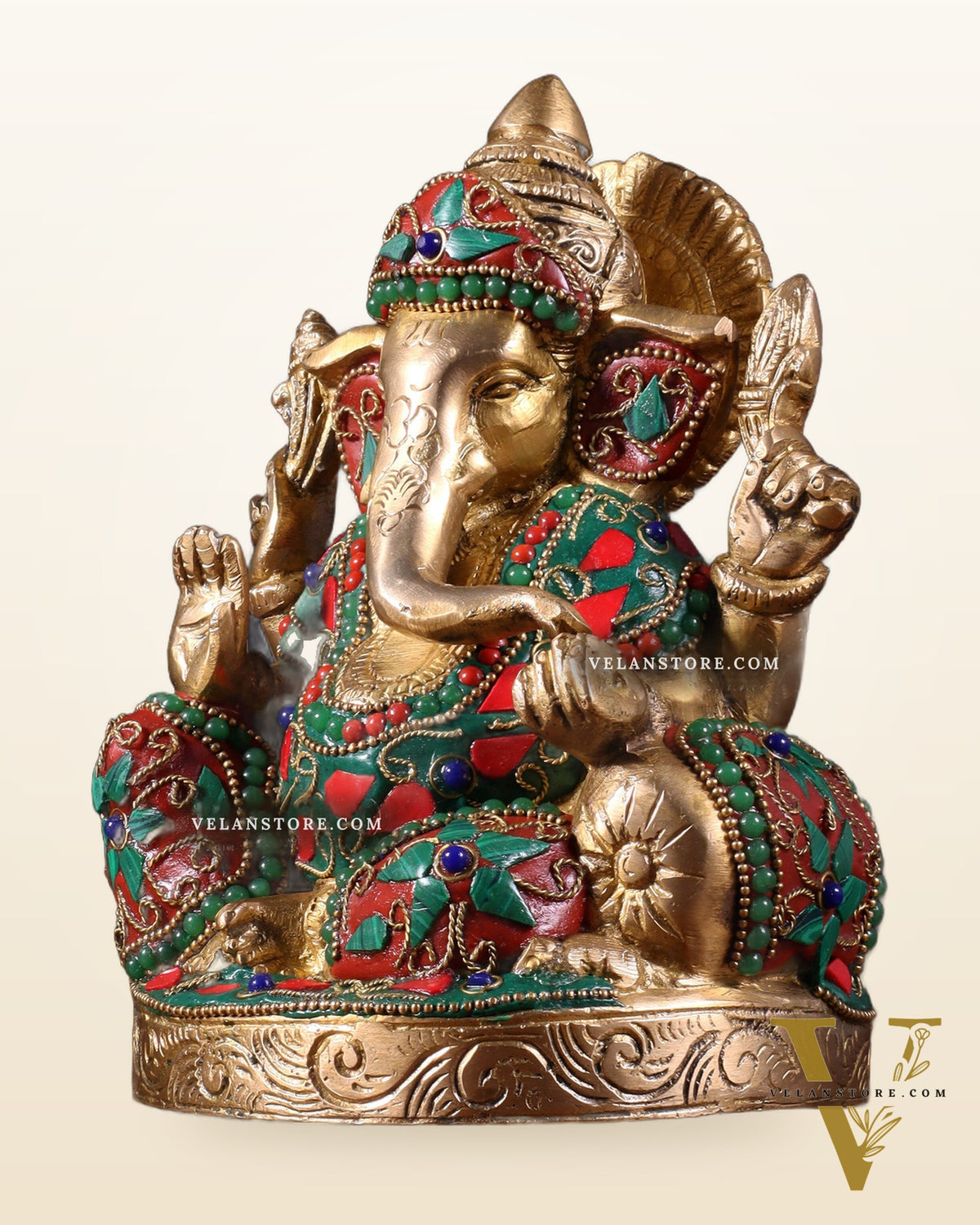 Pure Brass Relaxing Lord Ganesha Statue with Meenakari Stonework 6.5"