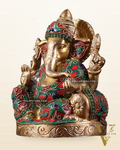 Pure Brass Relaxing Lord Ganesha Statue with Meenakari Stonework 6.5"