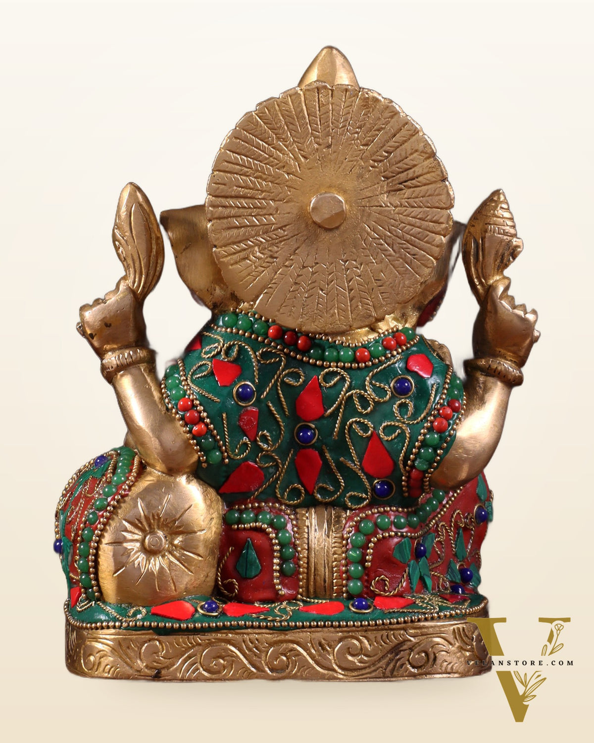 Pure Brass Relaxing Lord Ganesha Statue with Meenakari Stonework 6.5"
