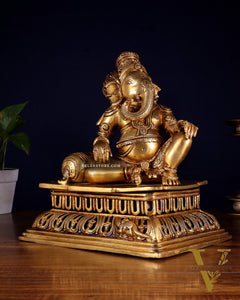 Pure Brass Resting Ganesha Statue 12"