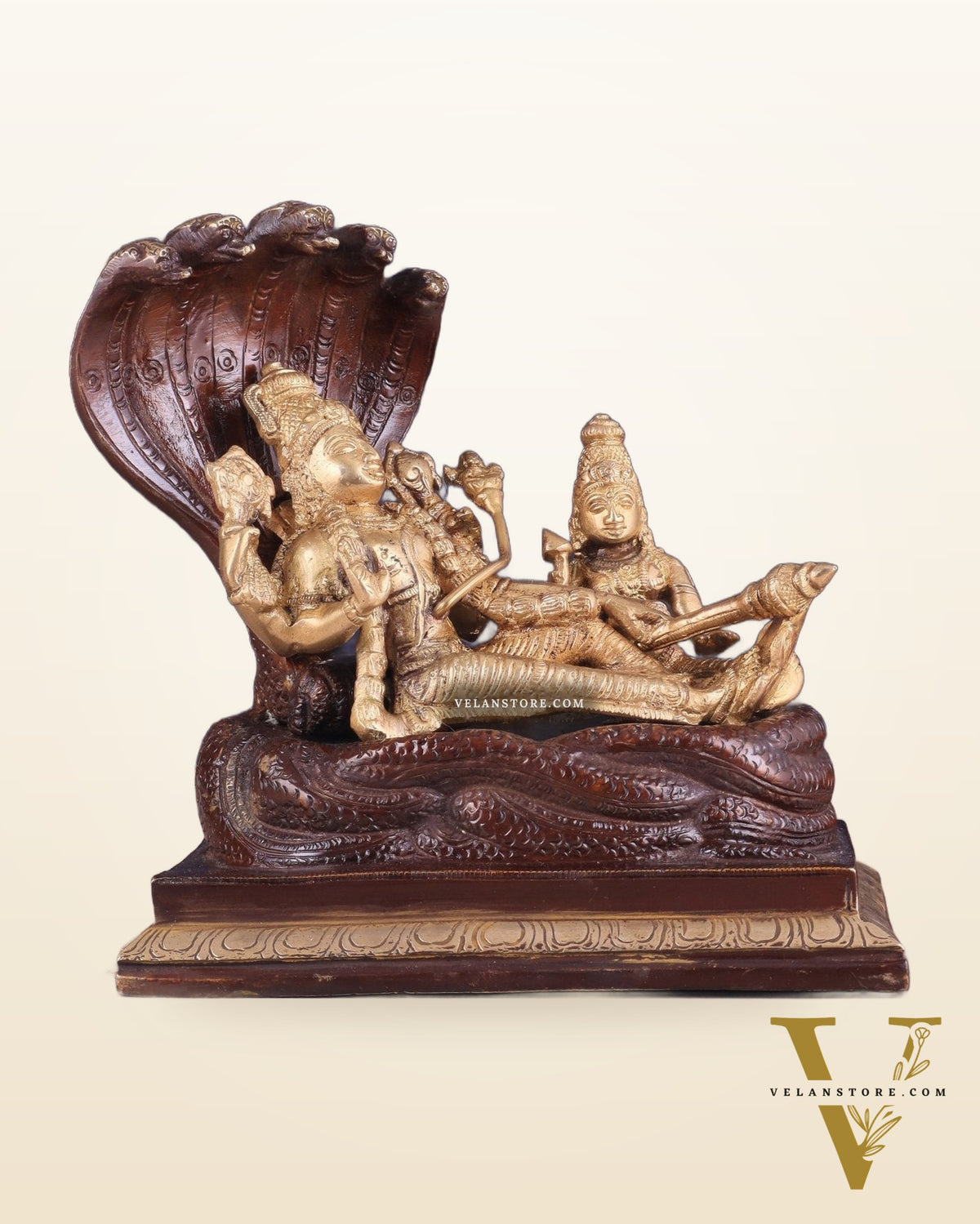 Pure Brass Resting Vishnu Lakshmi on Sheshanaag Idol - Dual Tone