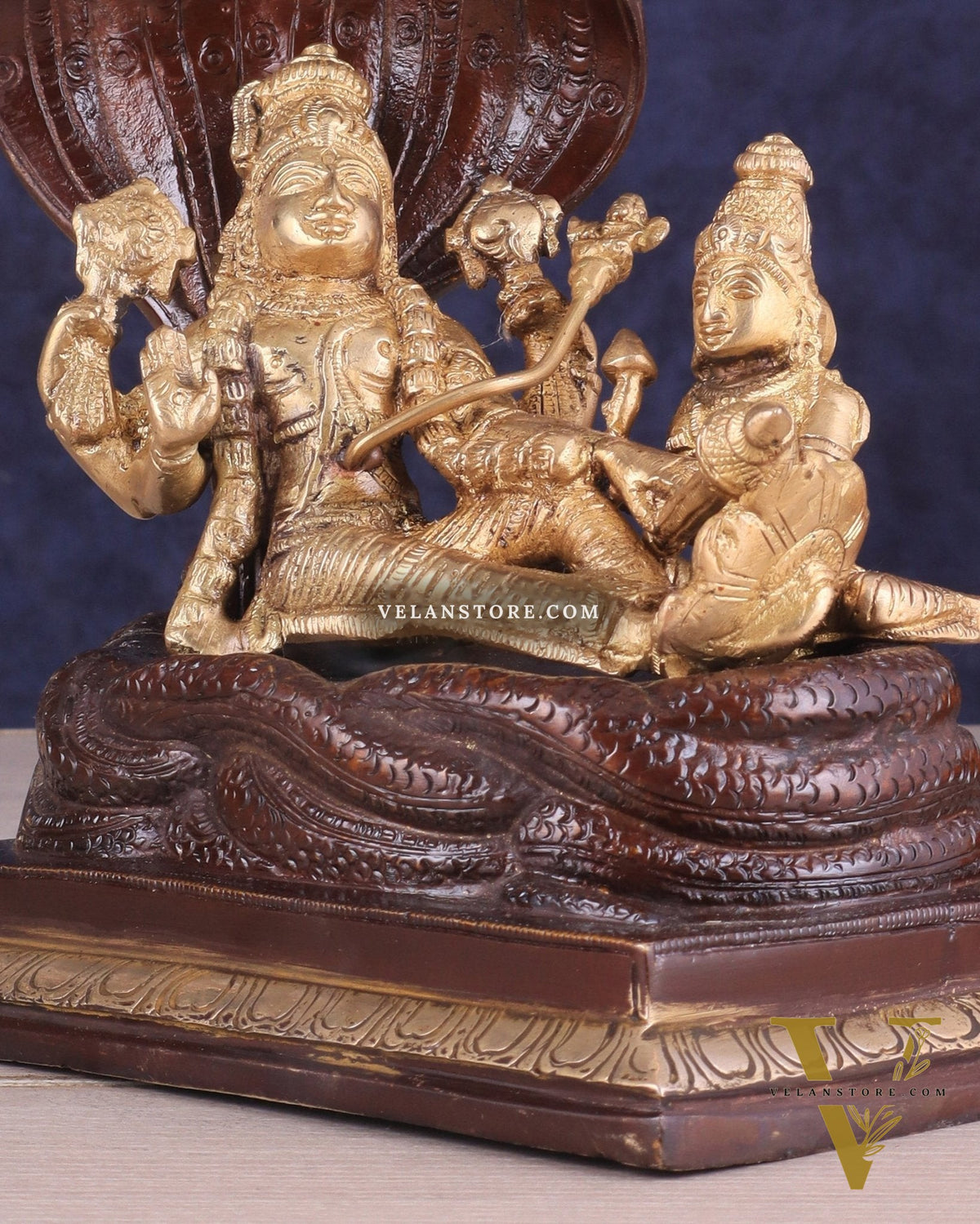 Pure Brass Resting Vishnu Lakshmi on Sheshanaag Idol - Dual Tone