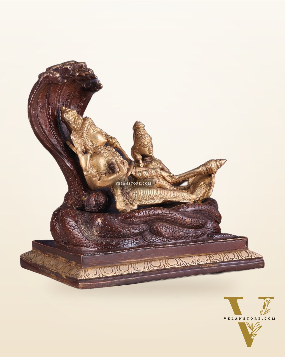 Pure Brass Resting Vishnu Lakshmi on Sheshanaag Idol - Dual Tone