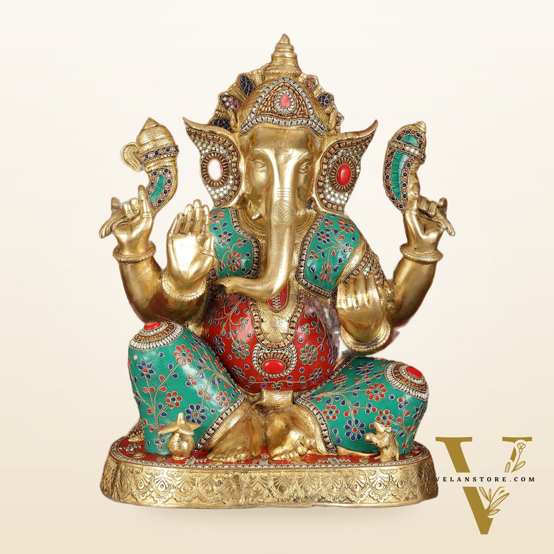 Pure Brass Right-Side Trunk Ganapati Statue - 22-Inch
