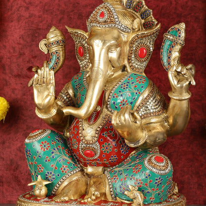 Pure Brass Right-Side Trunk Ganapati Statue - 22-Inch