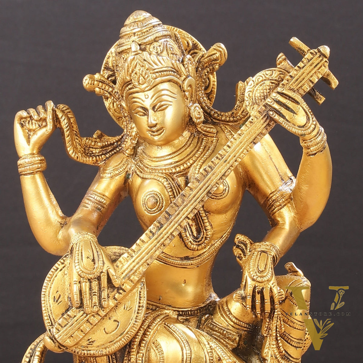 Pure Brass Sampoorn Saraswati Devi Murti - 9.5 Inch