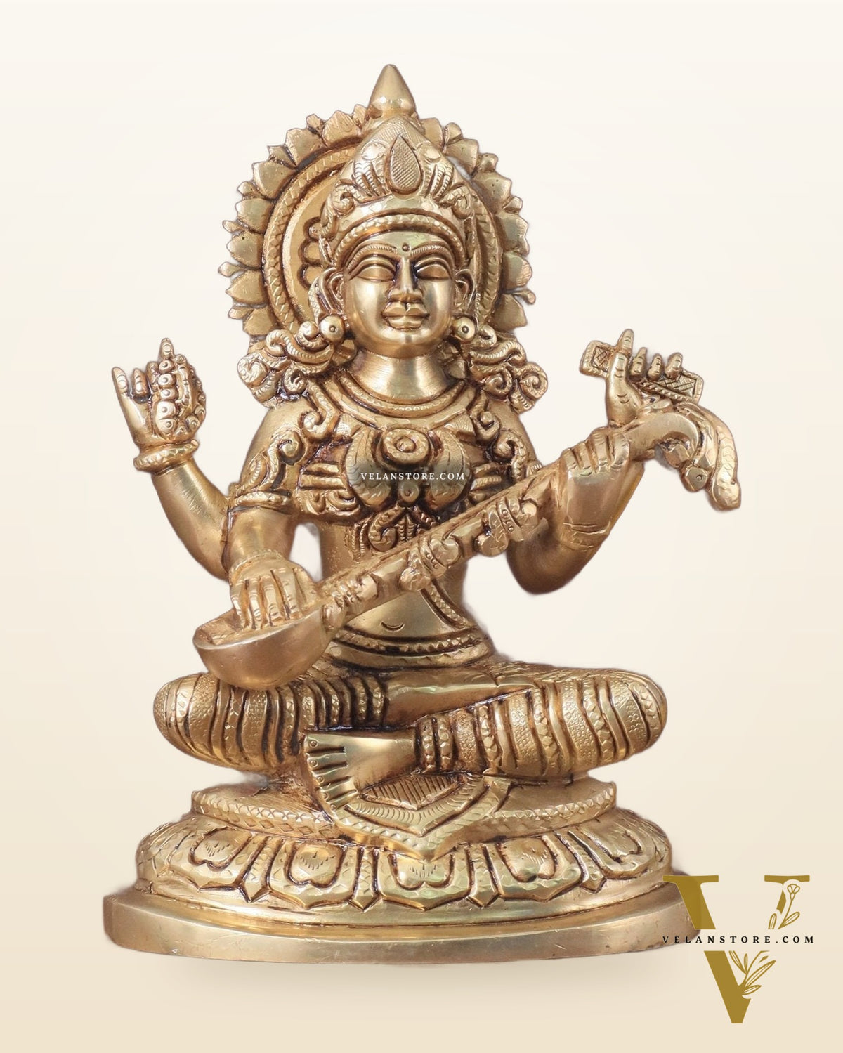 Pure Brass Saraswati Idol - 7.5" Height