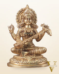 Pure Brass Saraswati Idol - 7.5" Height