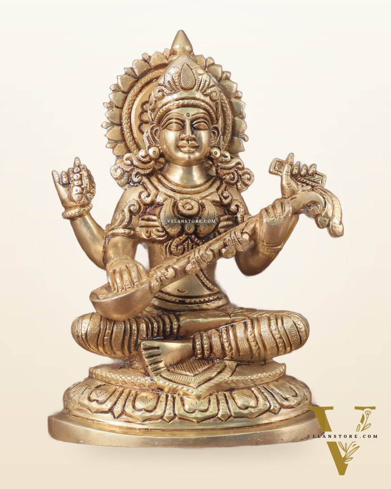Pure Brass Saraswati Idol - 7.5" Height