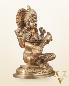 Pure Brass Saraswati Idol - 7.5" Height