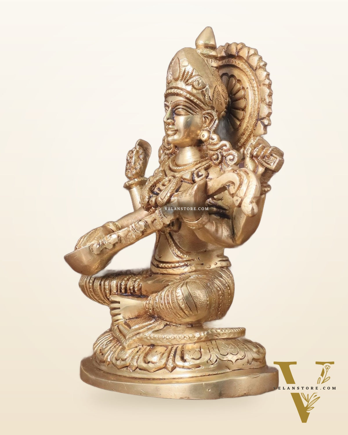 Pure Brass Saraswati Idol - 7.5" Height
