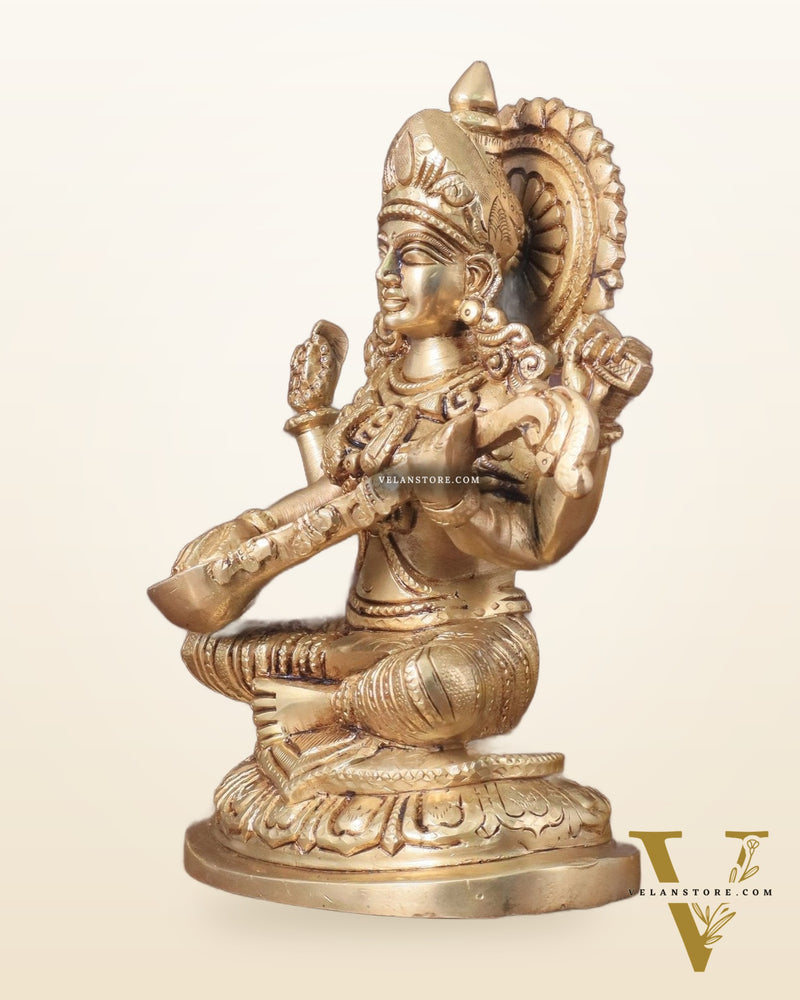Pure Brass Saraswati Idol - 7.5" Height