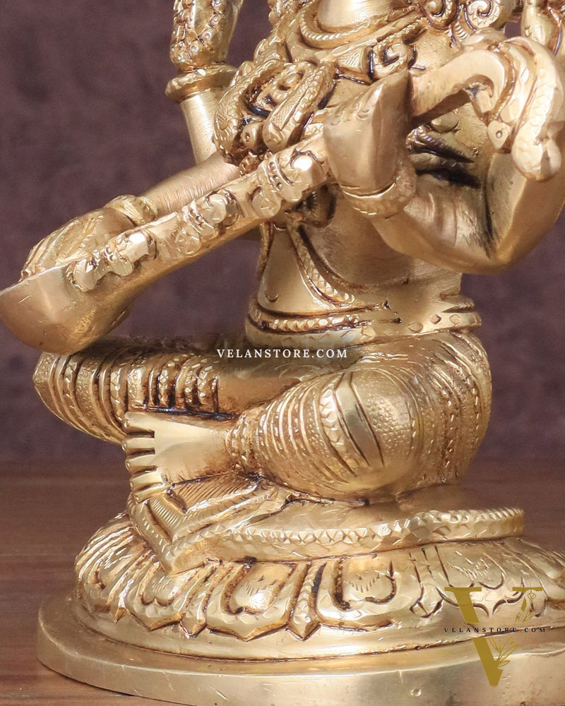 Pure Brass Saraswati Idol - 7.5" Height