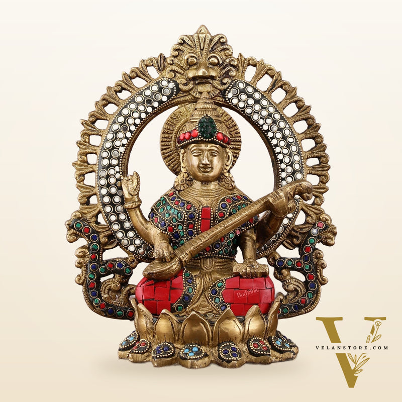 Pure Brass Saraswati Idol with Meenakari Stonework 9.5"
