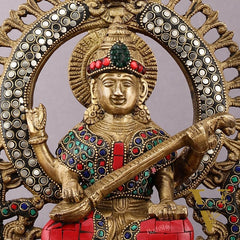 Pure Brass Saraswati Idol with Meenakari Stonework 9.5"