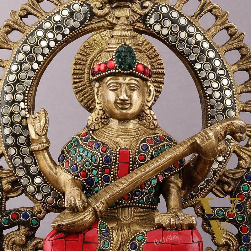 Pure Brass Saraswati Idol with Meenakari Stonework 9.5"
