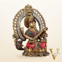 Pure Brass Saraswati Idol with Meenakari Stonework 9.5"