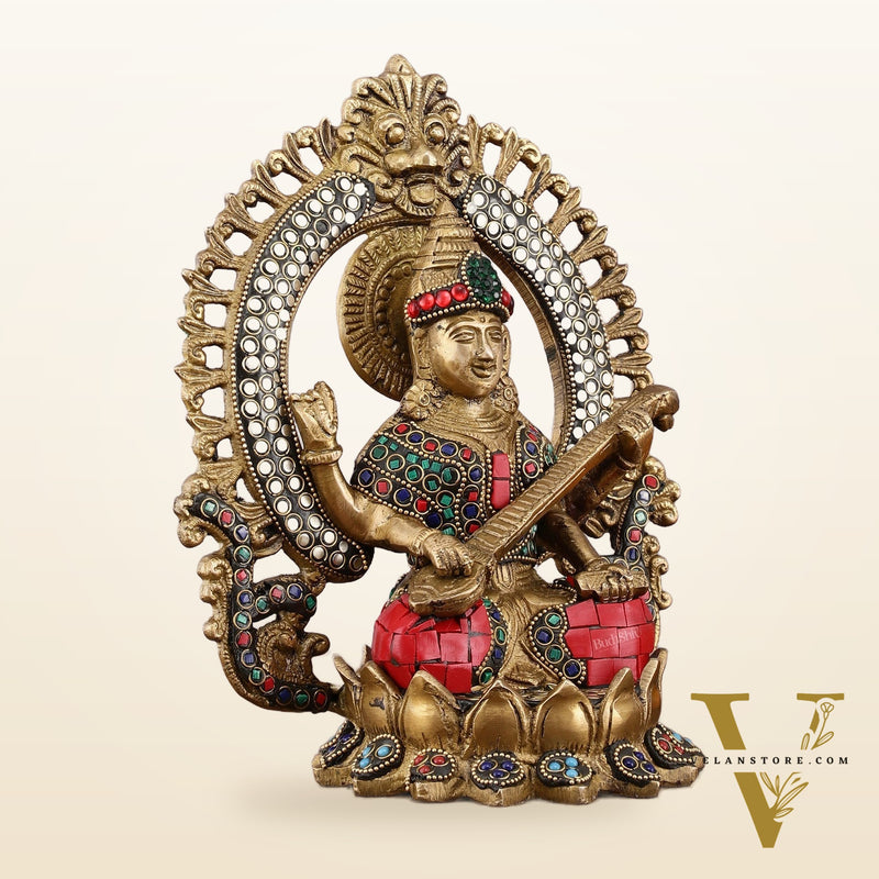 Pure Brass Saraswati Idol with Meenakari Stonework 9.5"