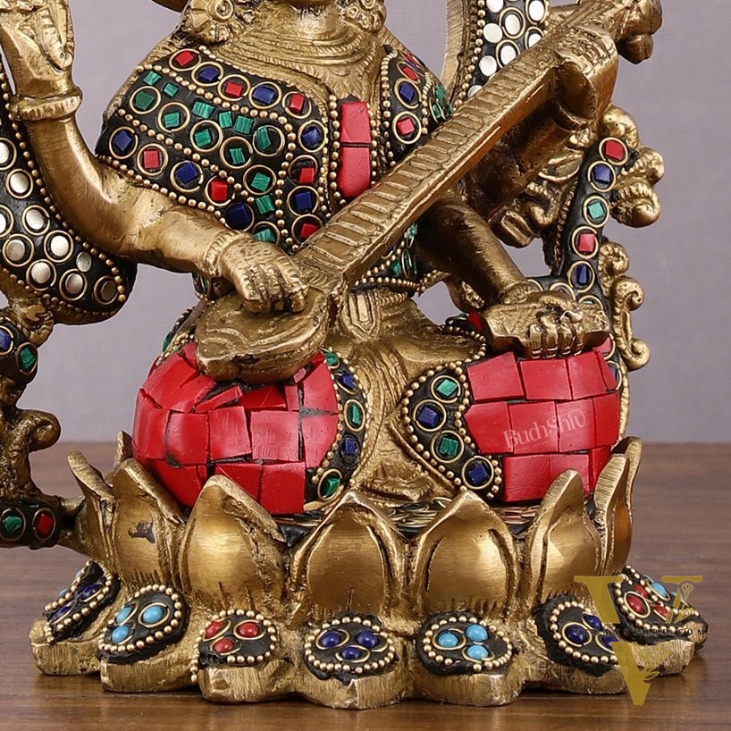 Pure Brass Saraswati Idol with Meenakari Stonework 9.5"