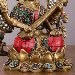 Pure Brass Saraswati Idol with Meenakari Stonework 9.5"