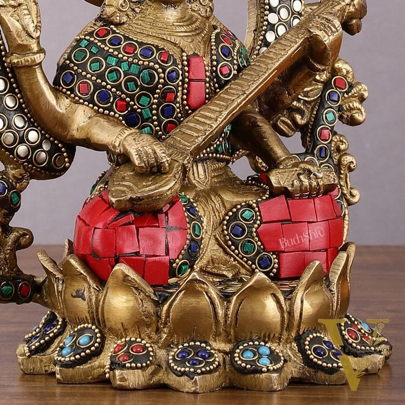 Pure Brass Saraswati Idol with Meenakari Stonework 9.5"