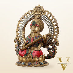 Pure Brass Saraswati Idol with Meenakari Stonework 9.5"