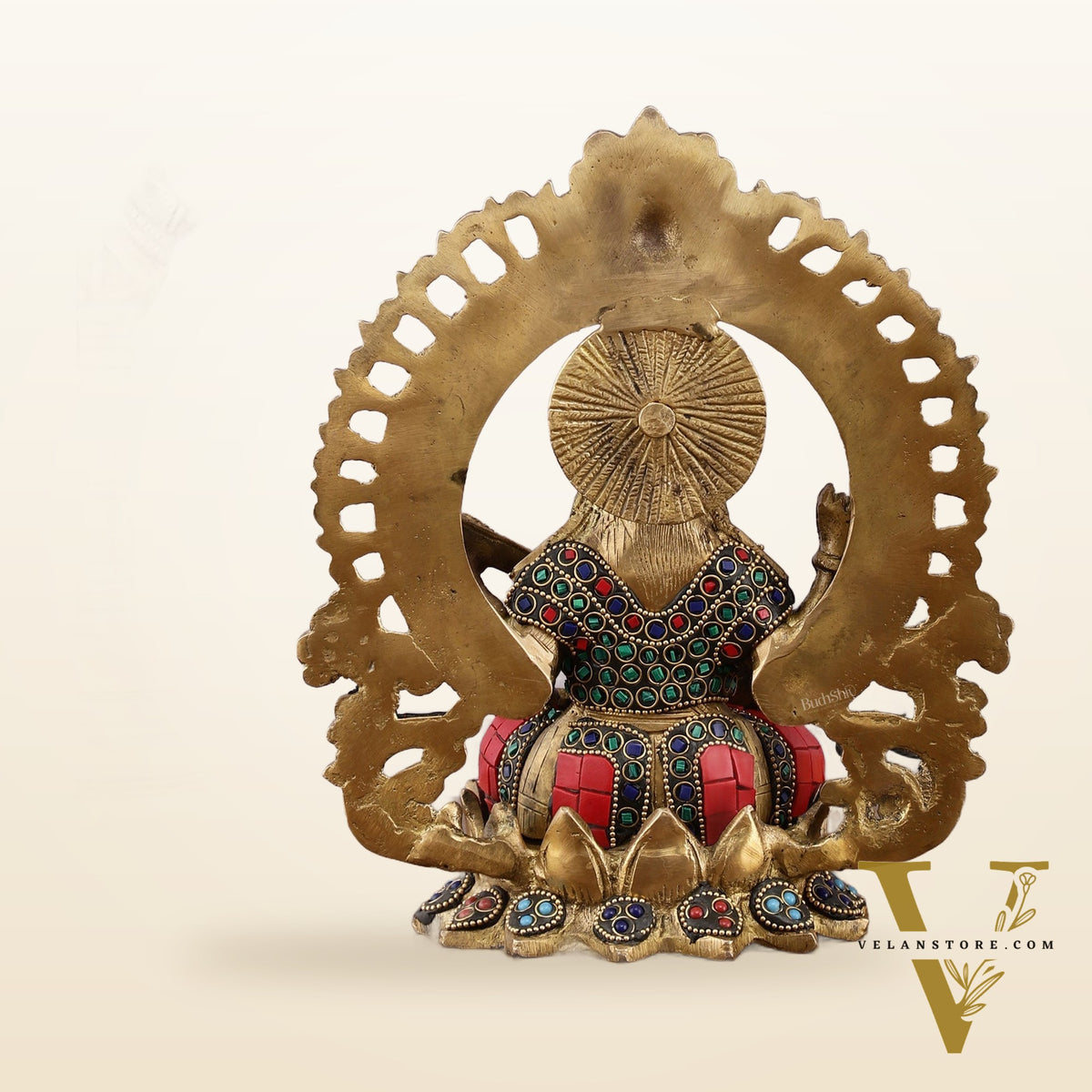Pure Brass Saraswati Idol with Meenakari Stonework 9.5"