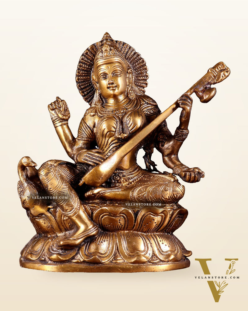 Pure Brass Saraswati with Swan Statue – 9 Inch