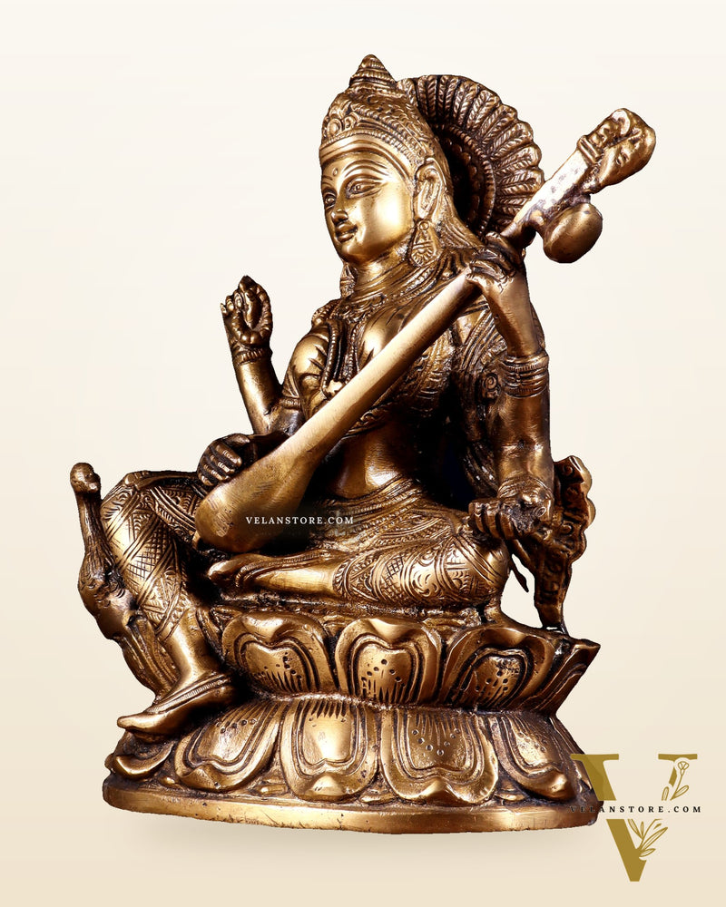 Pure Brass Saraswati with Swan Statue – 9 Inch