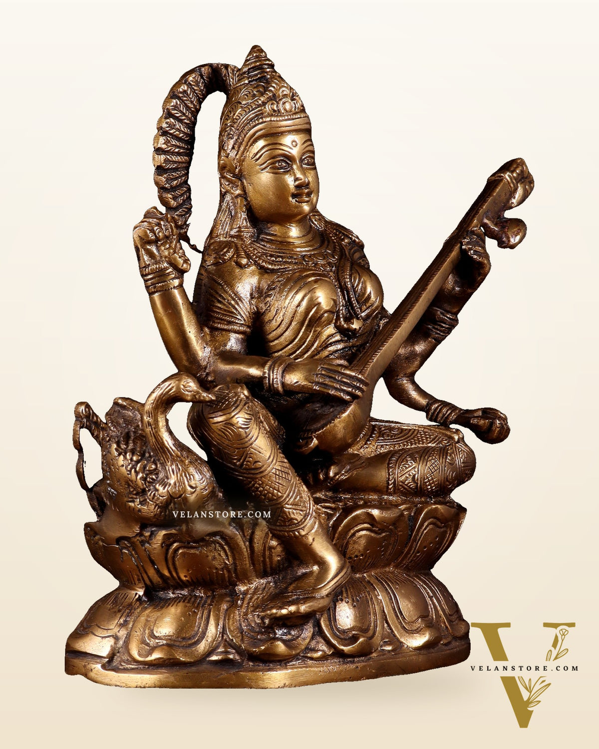 Pure Brass Saraswati with Swan Statue – 9 Inch