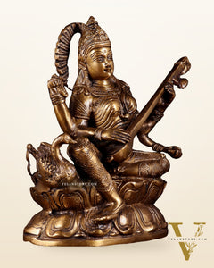 Pure Brass Saraswati with Swan Statue – 9 Inch
