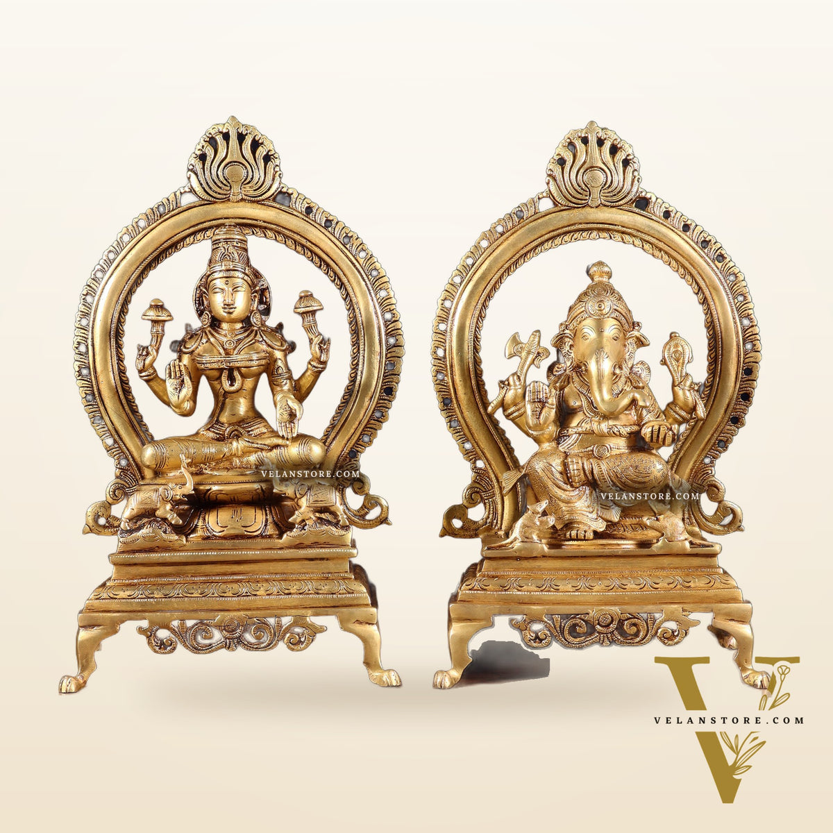 Pure Brass Seated Ganesha Lakshmi Idol Pair | 13”