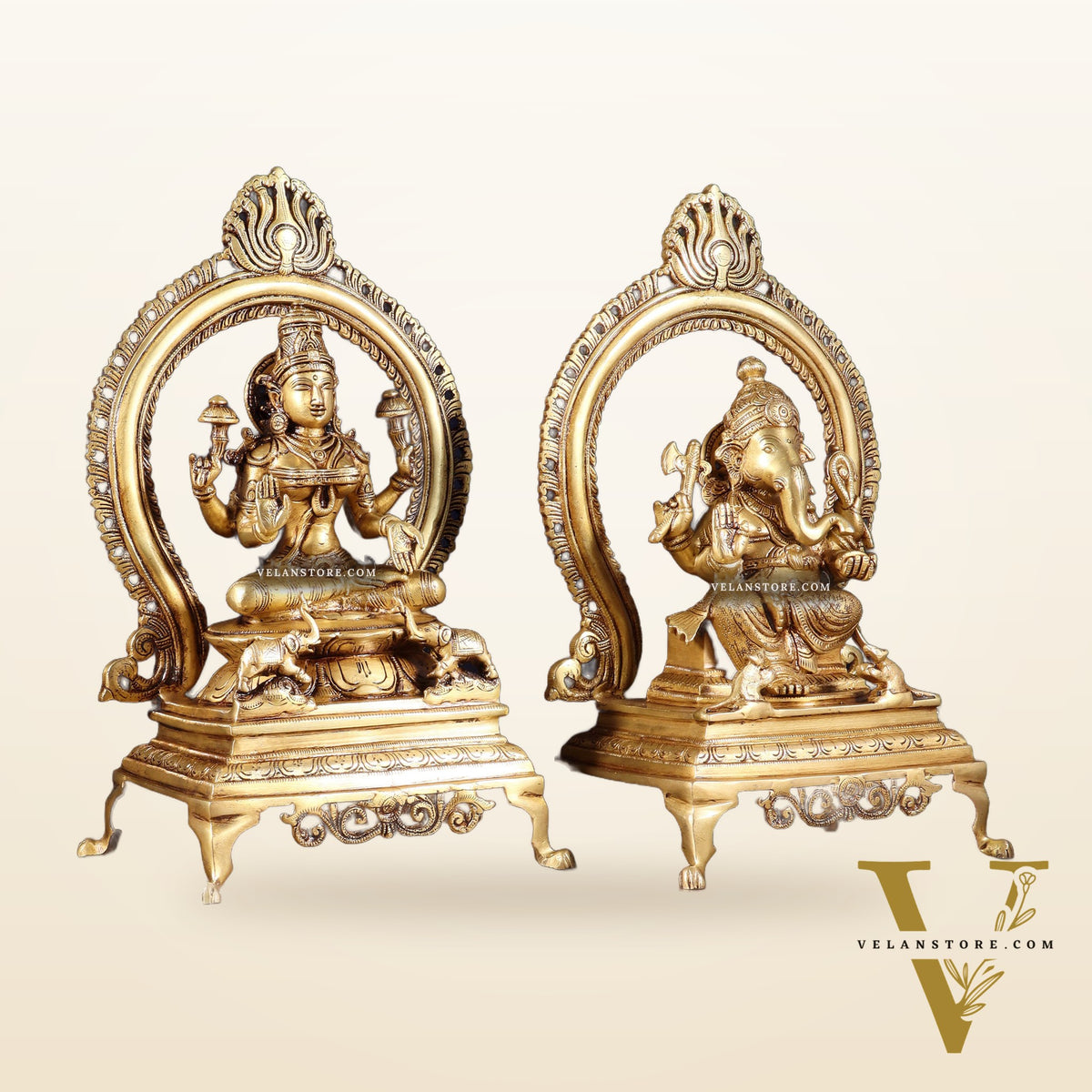 Pure Brass Seated Ganesha Lakshmi Idol Pair | 13”