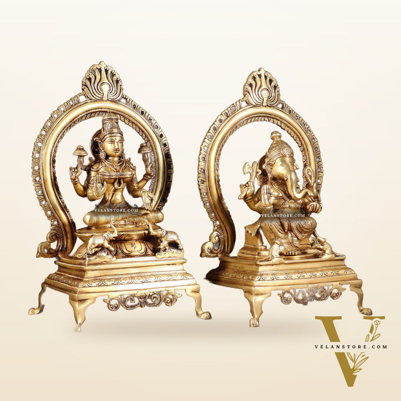 Pure Brass Seated Ganesha Lakshmi Idol Pair | 13”