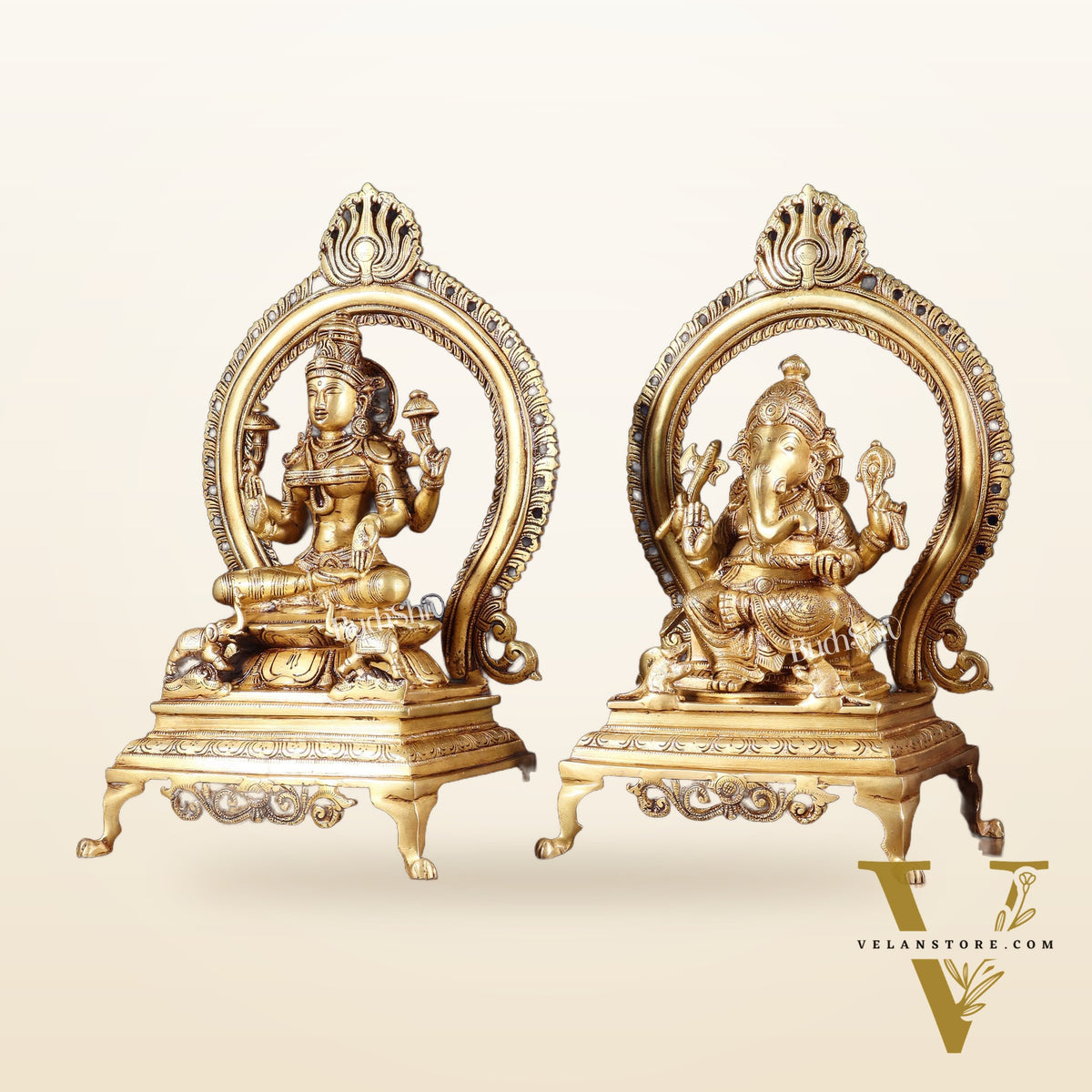 Pure Brass Seated Ganesha Lakshmi Idol Pair | 13”