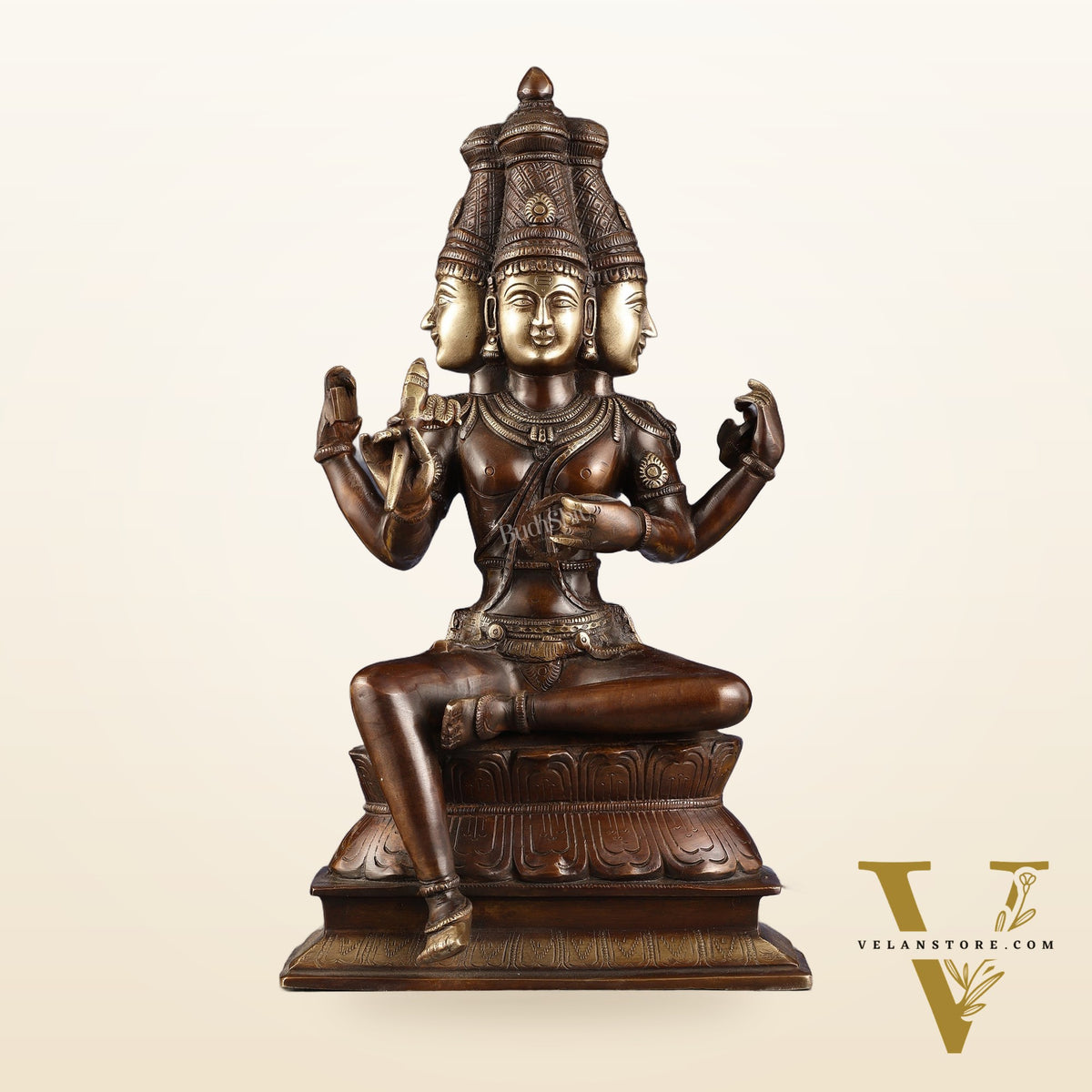 Pure Brass Seated Lord Brahma Sculpture - 16 inch antique Chola