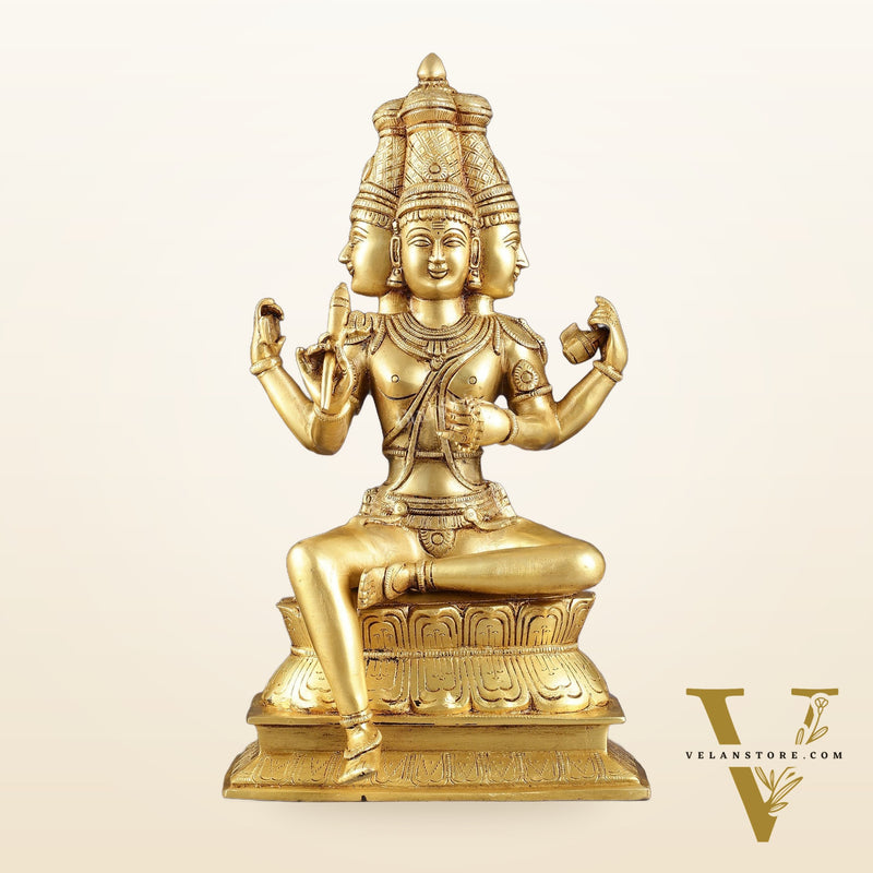 Pure Brass Seated Lord Brahma Sculpture - 16 inch