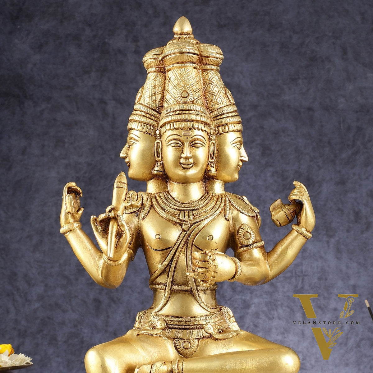 Pure Brass Seated Lord Brahma Sculpture - 16 inch
