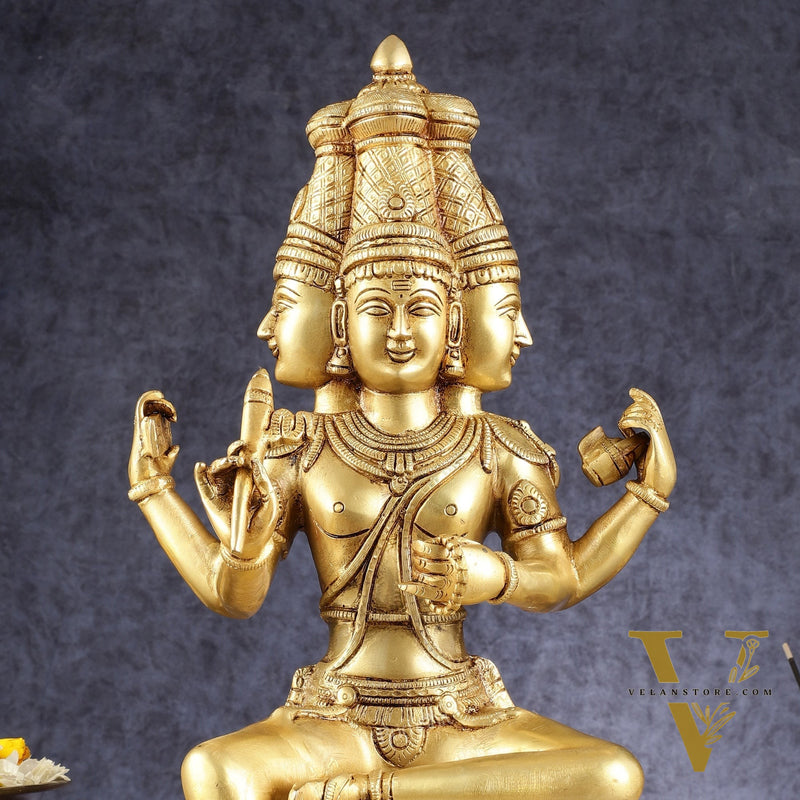 Pure Brass Seated Lord Brahma Sculpture - 16 inch