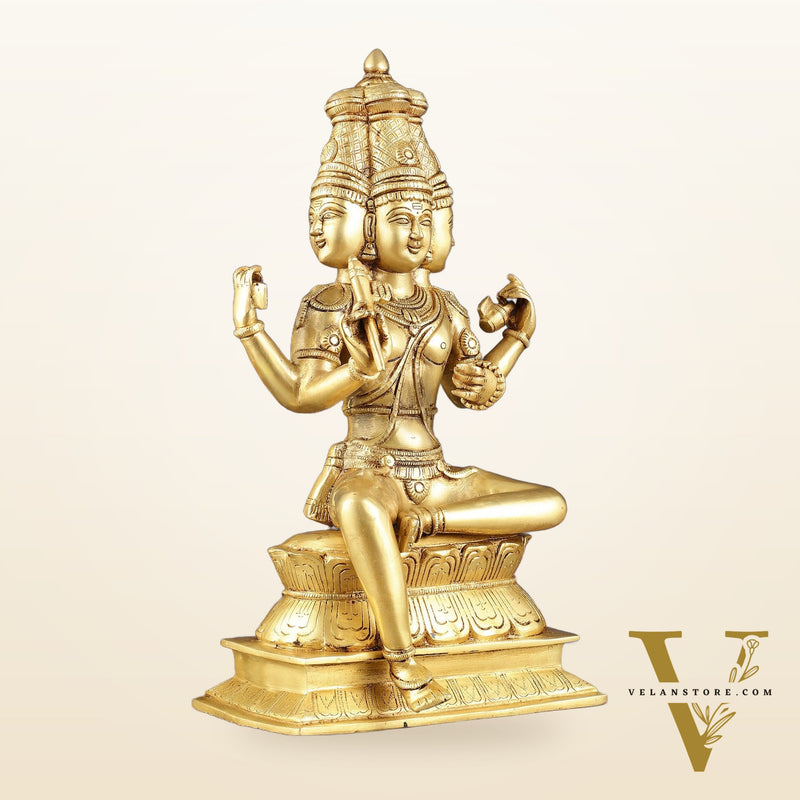 Pure Brass Seated Lord Brahma Sculpture - 16 inch