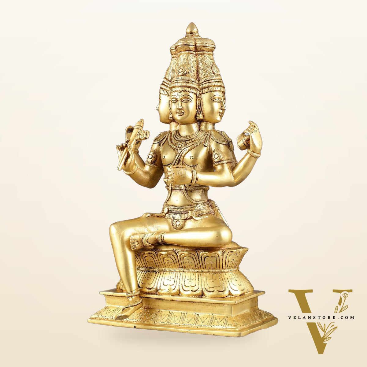 Pure Brass Seated Lord Brahma Sculpture - 16 inch