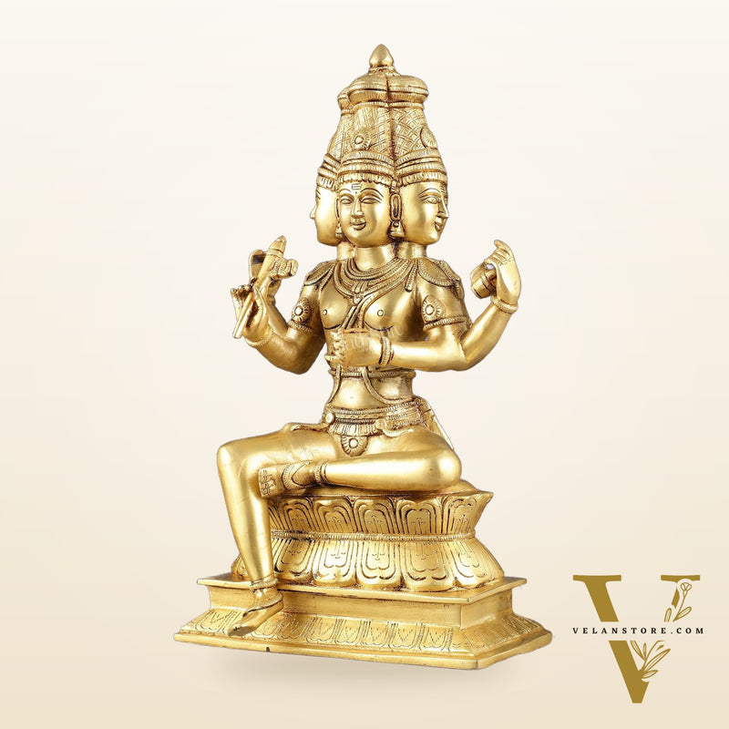 Pure Brass Seated Lord Brahma Sculpture - 16 inch