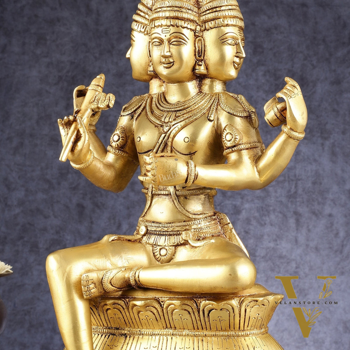 Pure Brass Seated Lord Brahma Sculpture - 16 inch