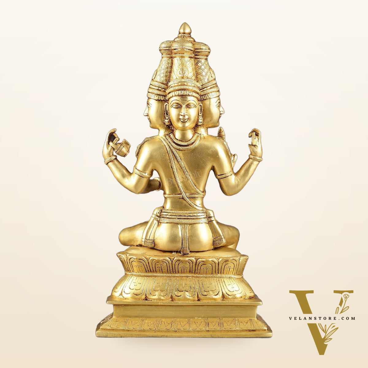 Pure Brass Seated Lord Brahma Sculpture - 16 inch