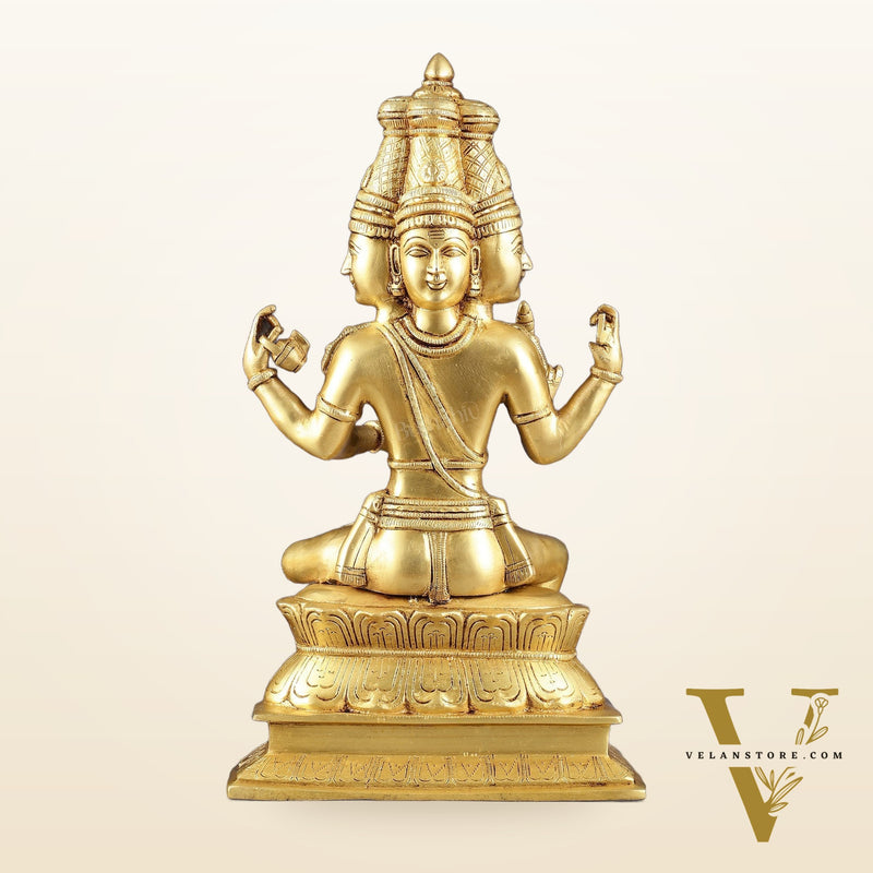 Pure Brass Seated Lord Brahma Sculpture - 16 inch