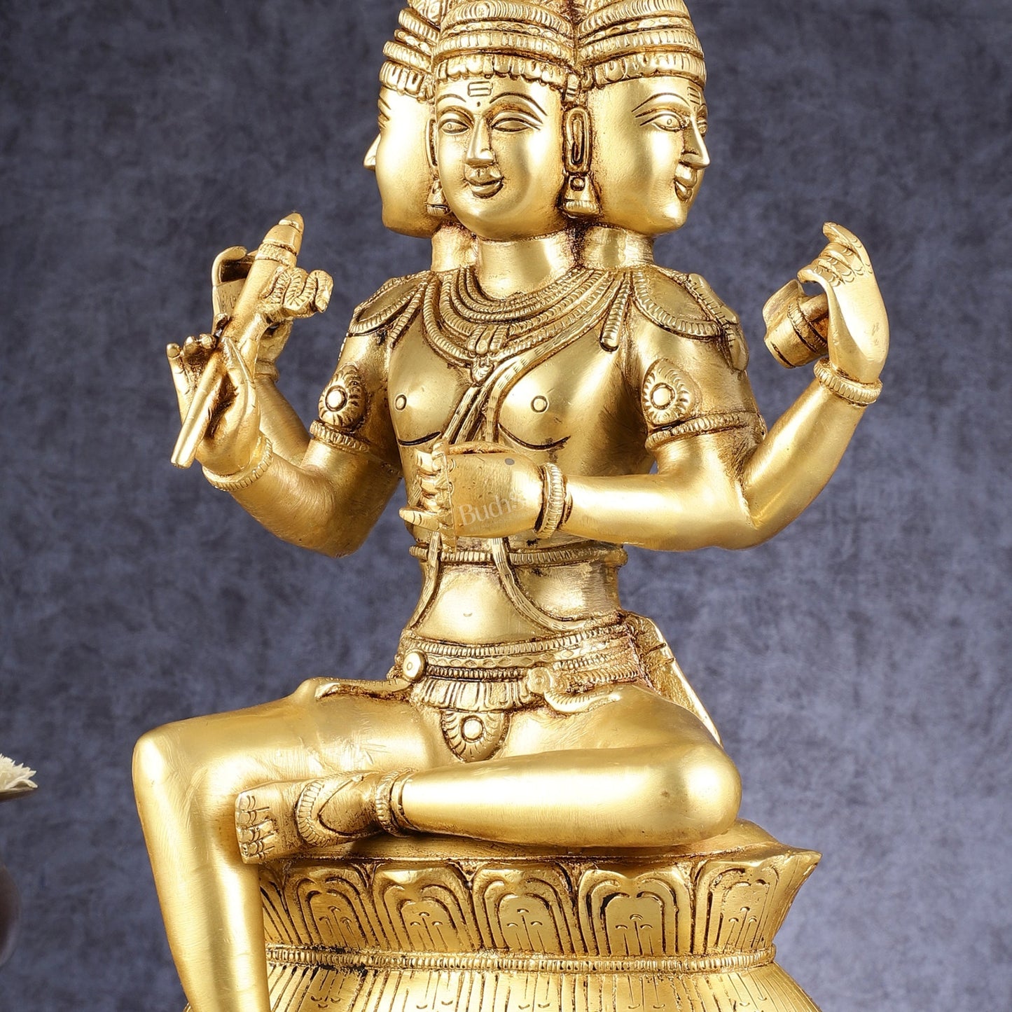 Pure Brass Seated Lord Brahma Sculpture - 16 inch