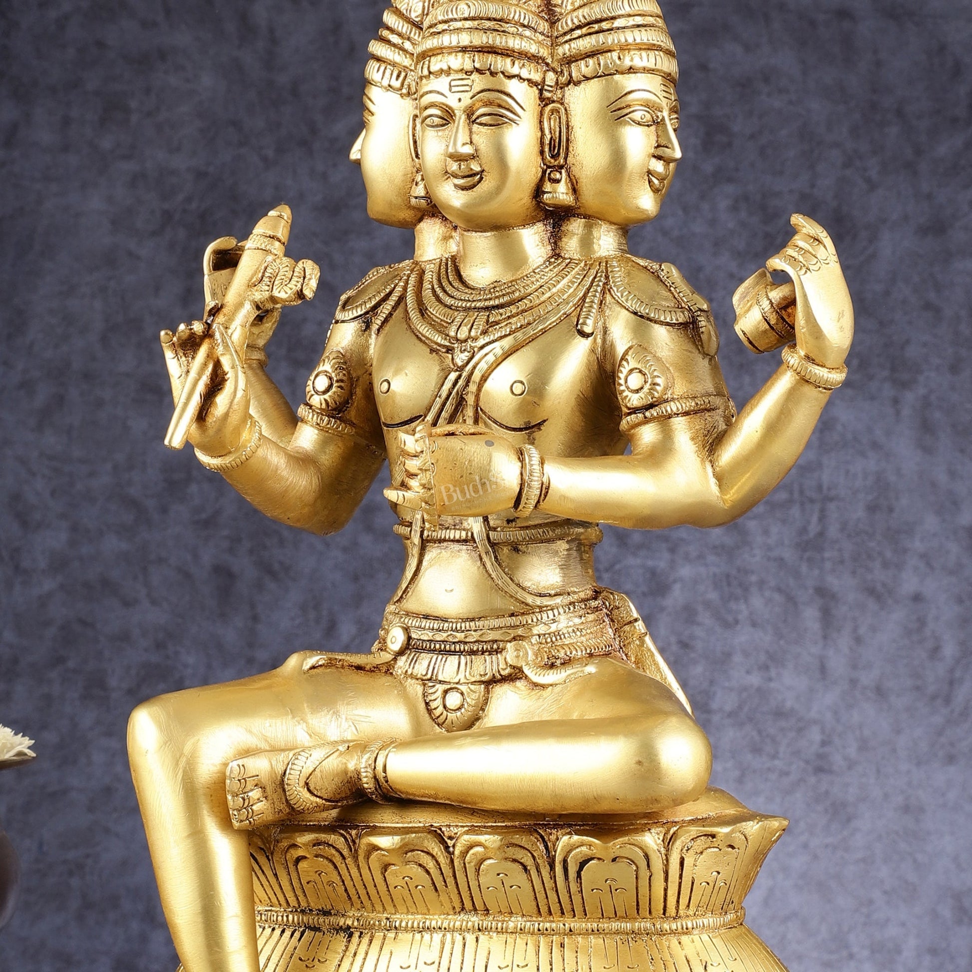 Pure Brass Seated Lord Brahma Sculpture - 16 inch