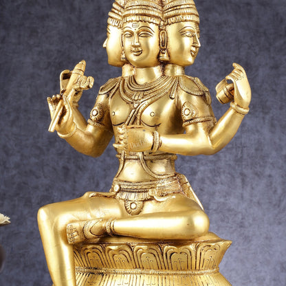Pure Brass Seated Lord Brahma Sculpture - 16 inch